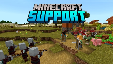 Minecraft Support logo with Steve, Alex and Villagers ready to fight a group of Pillagers