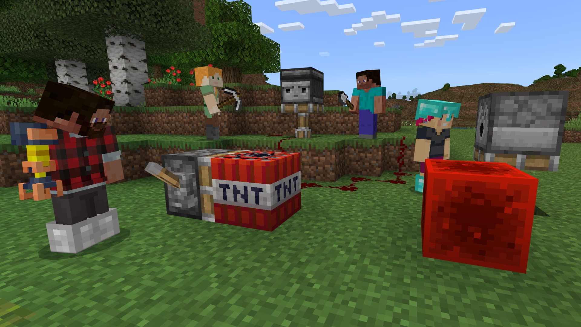 Minecraft Alex, Steve, and friends stand around red blocks, TNT, and switches while surrounded by grass and trees