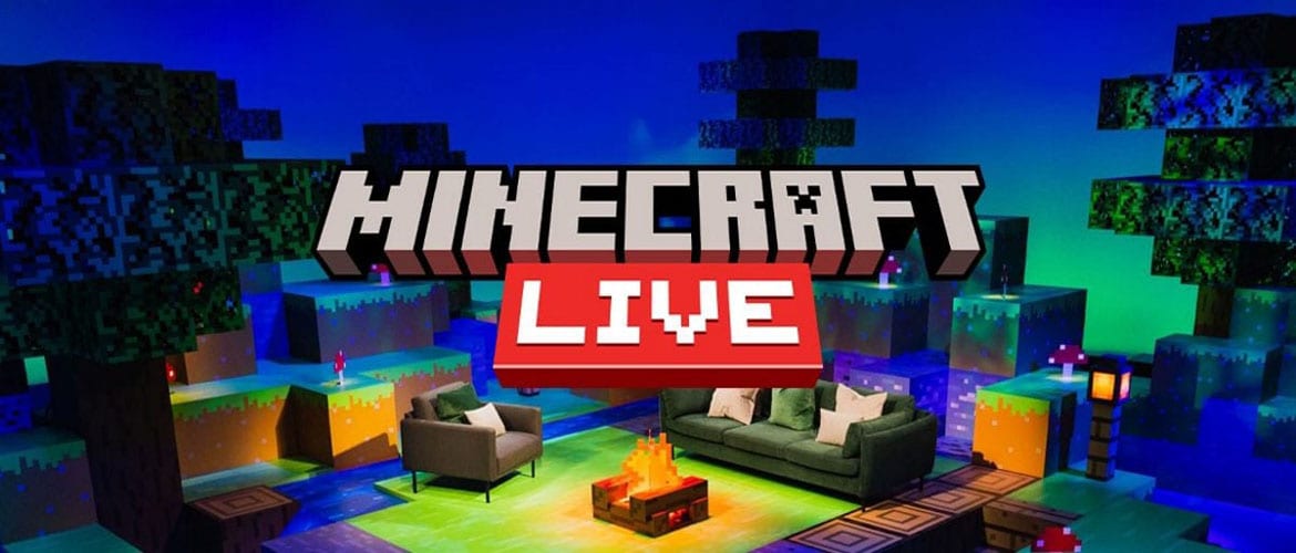 Photo of a stage set-up with a couch and chair facing each other, surrounded by a Minecraft setting, and a logo in the center that says Minecraft Live