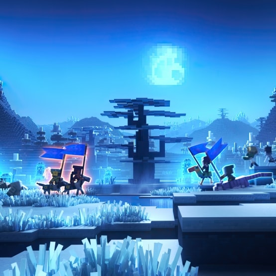 Two Minecraft Legends PvP teams charging towards each other in the snowy tundra with their respective allies (mobs and golems) in tow. There are two players on each team, which we can tell by them glowing in two different colors: orange or blue.