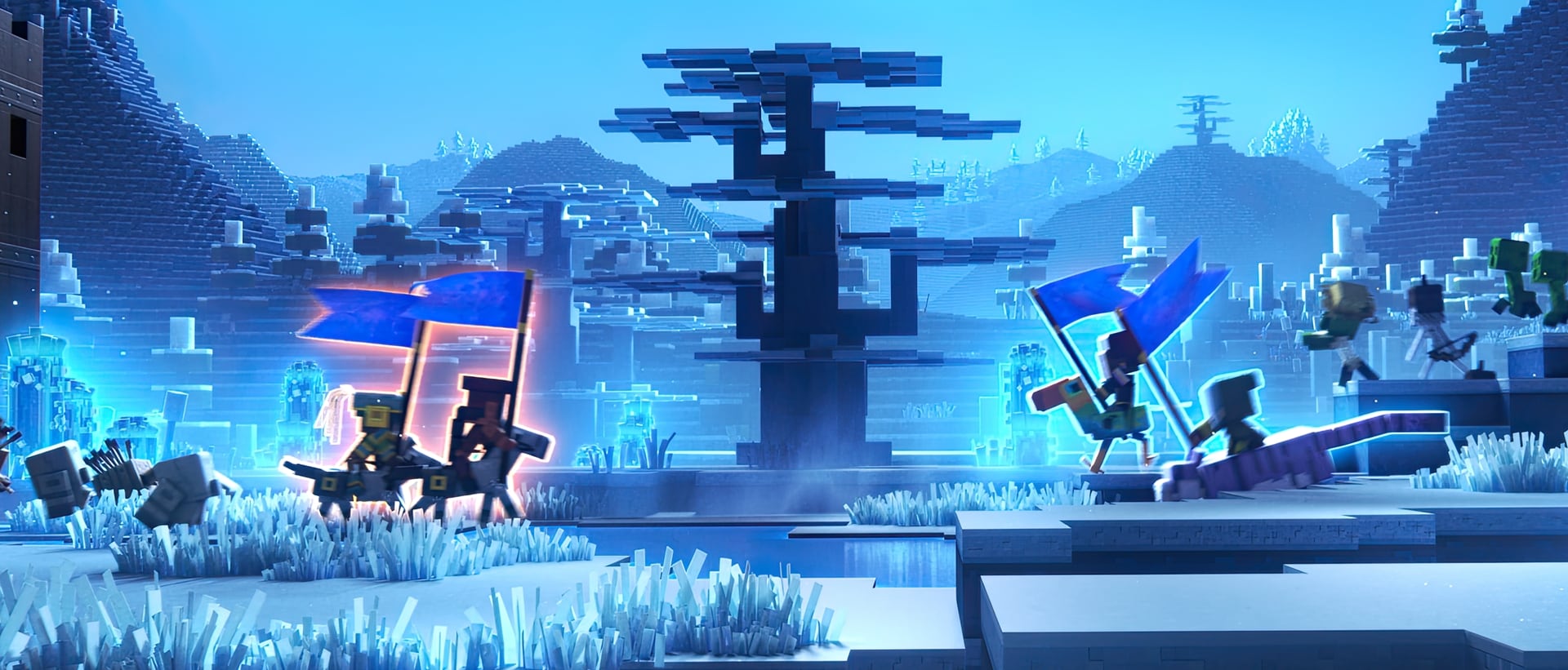 Two Minecraft Legends PvP teams charging towards each other in the snowy tundra with their respective allies (mobs and golems) in tow. There are two players on each team, which we can tell by them glowing in two different colors: orange or blue.