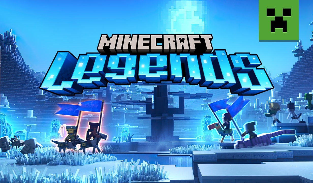 Two Minecraft Legends PvP teams charging towards each other in the snowy tundra with their respective allies (mobs and golems) in tow. There are two players on each team, which we can tell by them glowing in two different colors: orange or blue.