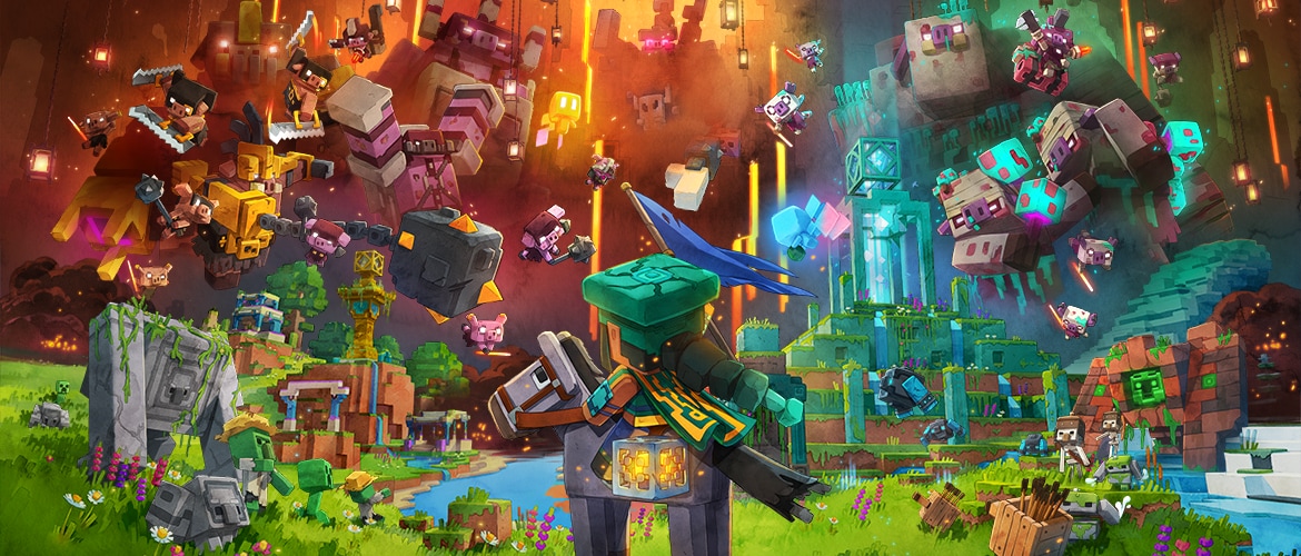 Minecraft Legends launch art, featuring the three piglin hordes looming over the Overworld and its inhabitants. The hero faces the piglins as they rally their allies into battle.