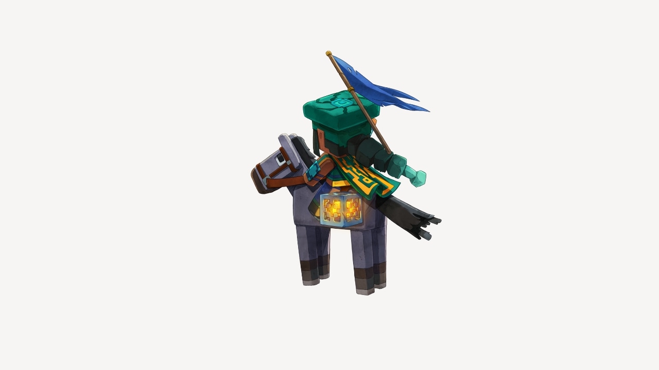 A Minecraft Legends hero character on horseback holding their banner up, facing away.