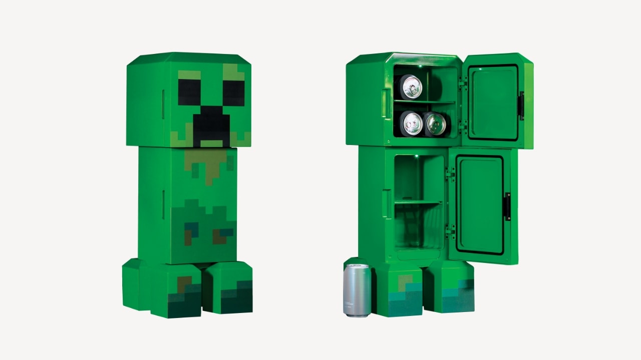 Two images of a creeper-shaped mini fridge, one with the door closed, and one with the door open.