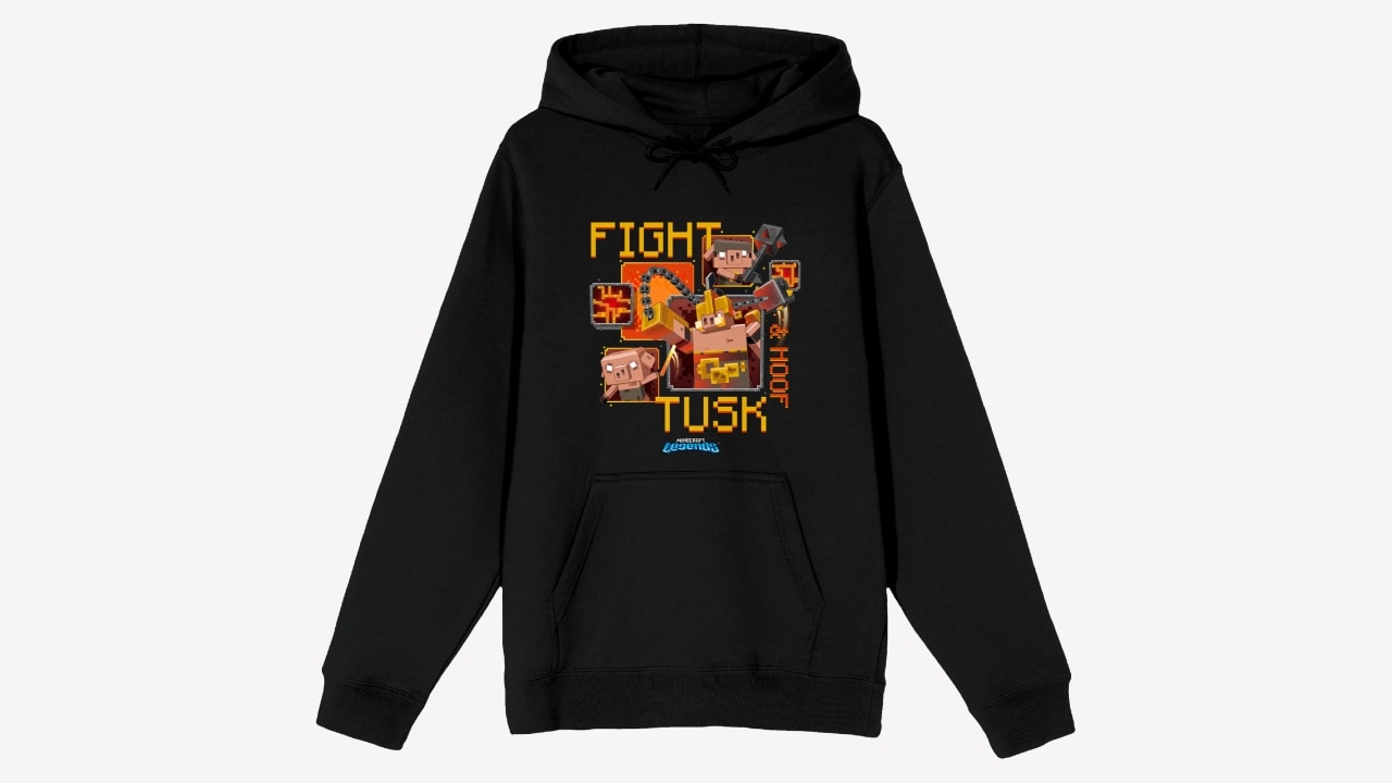 A black hoodie with images of piglins and the text "Fight tusk and hoof"