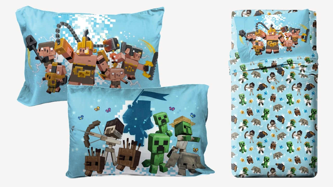 A Minecraft Legends-themes bedsheet set, featuring two different pillow designs.