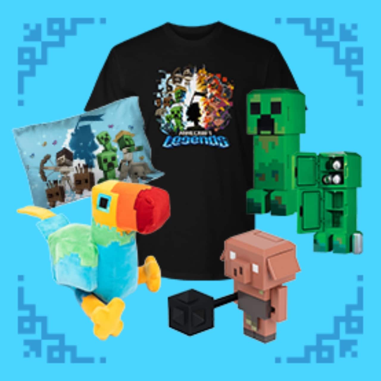 A selection of Minecraft Legends merch: A black Minecraft Legends graphic T-shirt, an Overworld mobs-themed pillowcase, a big beak plushie, a piglin runt action figure, and a creeper-shaped fridge!