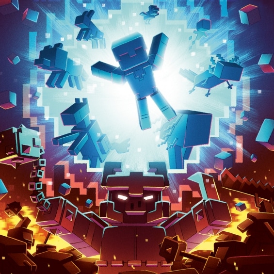 Cover art for Return of the Piglins, depicting a horde of piglins rising up and gathered around a larger piglin, beneath a humanoid character surrounded by Overworld mobs and backlit by a strong blue light