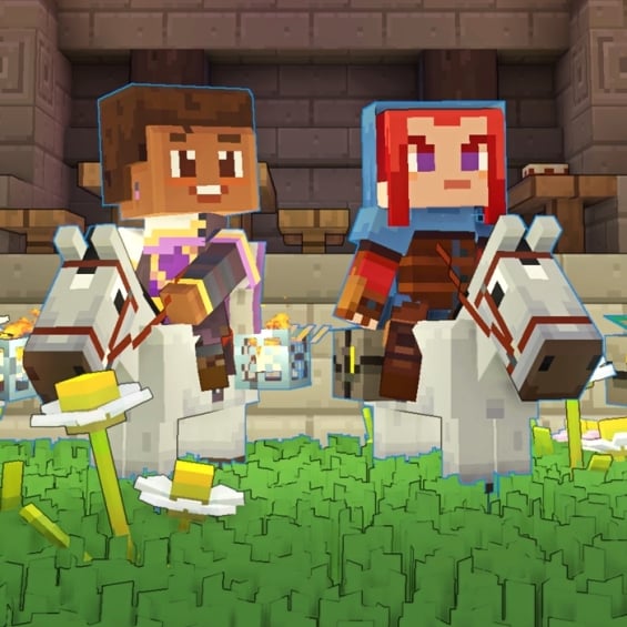 Four Minecraft Legends hero characters on horseback, standing side by side in PvP mode