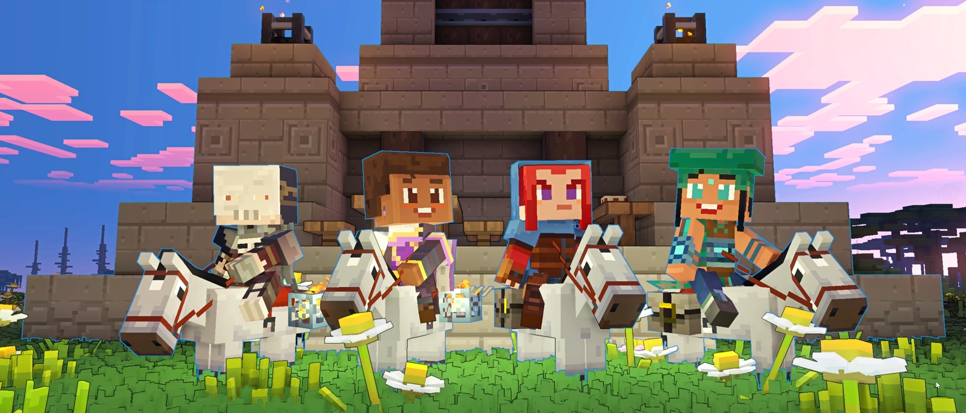 Four Minecraft Legends hero characters on horseback, standing side by side in PvP mode