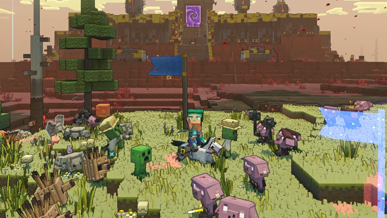 A Minecraft Legends hero character surrounded by golems, mobs, and piglins, raising their banner in front of a piglin base