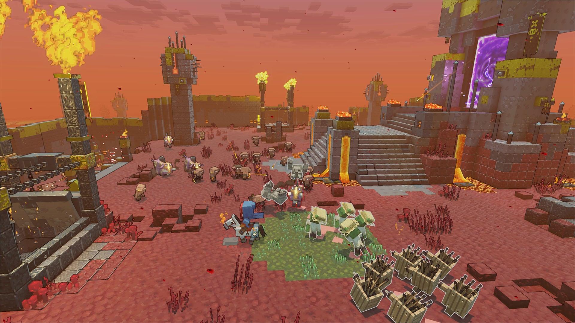 Игрок Minecraft Legends вступает в бой с пиглинами у портала Нижнего мира
