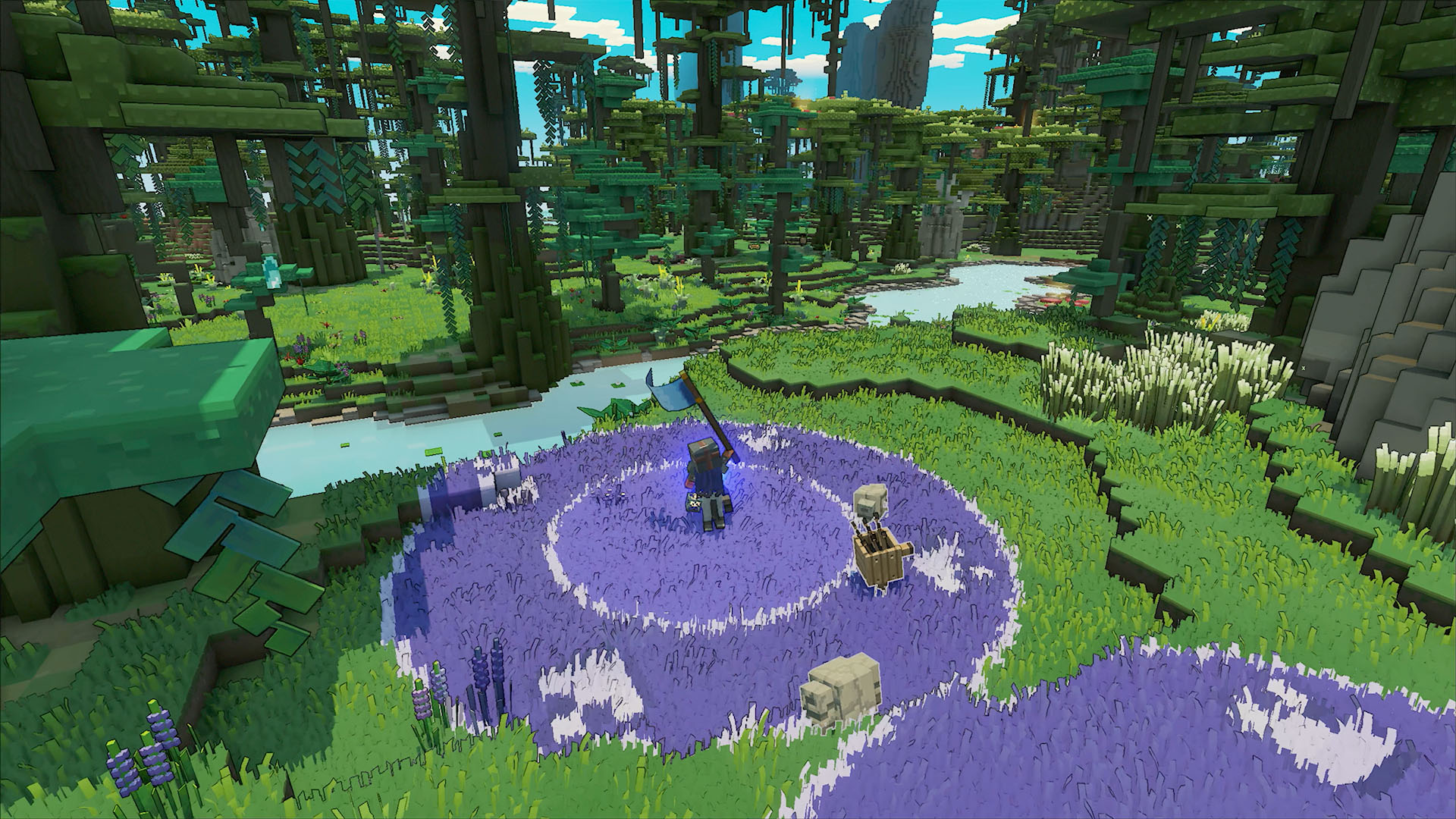 Игрок Minecraft Legends ставит точку сбора в лесу