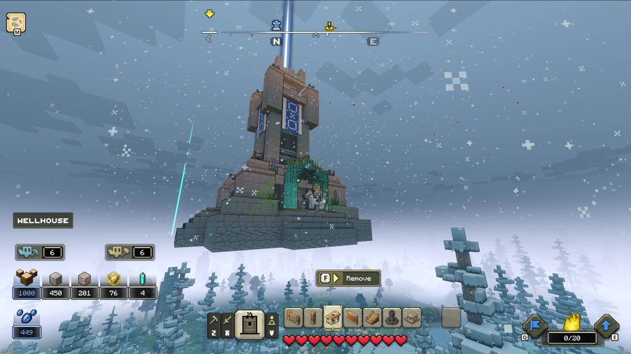 A wellhouse floating in the sky, with the player character standing on it.