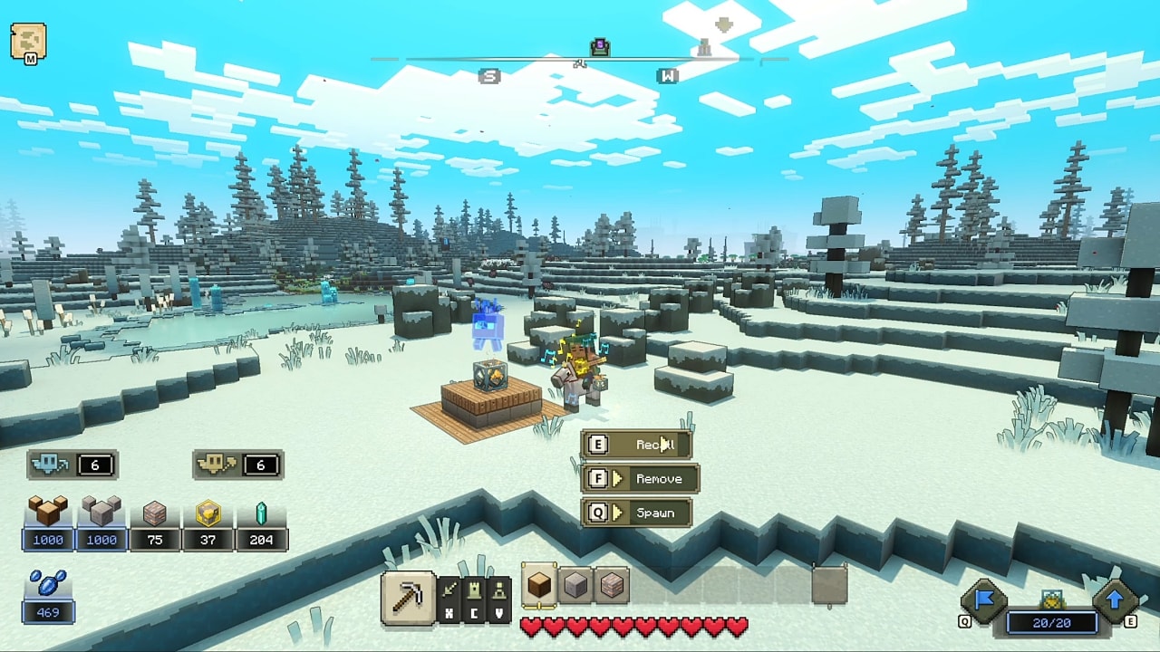 A player character playing the lute next to a plank golem spawner to recall their units. Three spawner commands are visible int he UI: Recall, Remove, and Spawn.