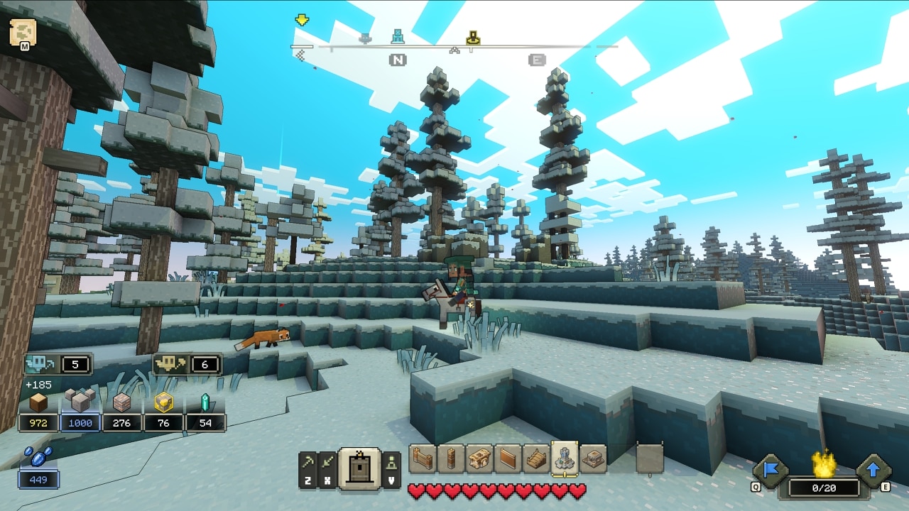 A player character standing next to some tall trees in the tundra.