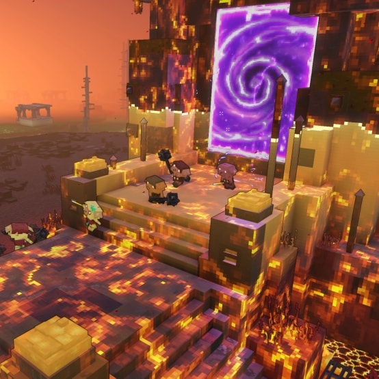 Several piglins coming out of a Nether portal that spawned next to a village.