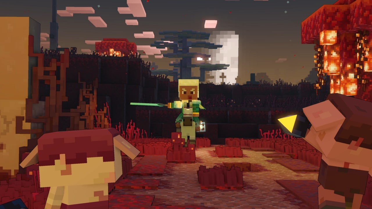 A Minecraft Legends hero character holding their sword to their side, charging at two piglin runts who are in the foreground, facing away from the camera