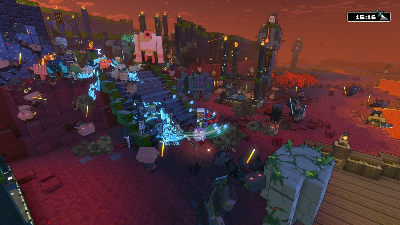 A Minecraft Legends hero character by the walls of a Horde of the Bastion base, swinging their sword at piglins as they drop lapis. The hero is accompanied by skeletons and golems and there are piglins all around.