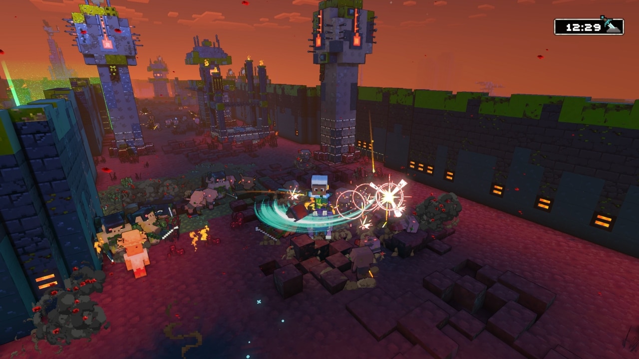 A Minecraft Legends hero character standing by a blaze tower inside a piglin base, fighting off a group of piglins together with their zombie allies.