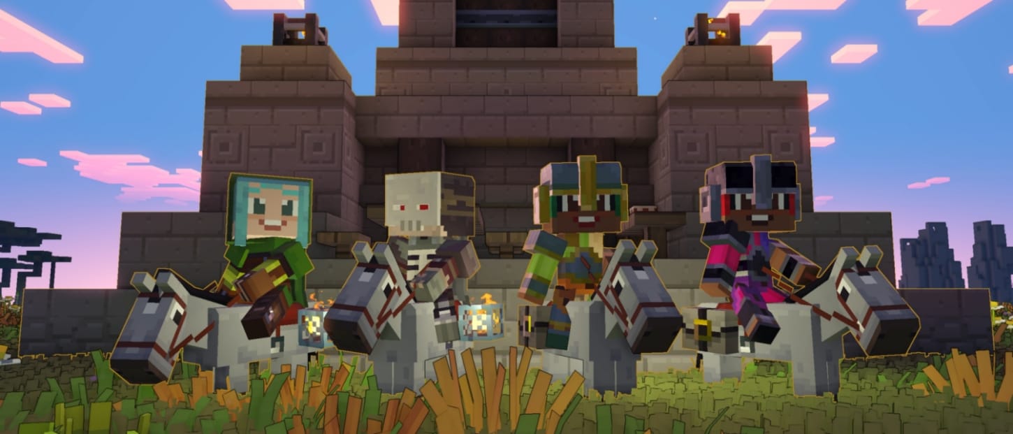 A screenshot showing four Minecraft Legends player characters standing side by side in PvP mode