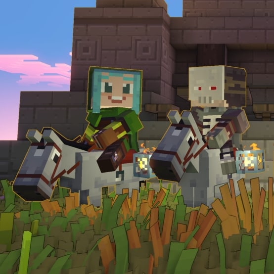 A screenshot showing four Minecraft Legends player characters standing side by side in PvP mode
