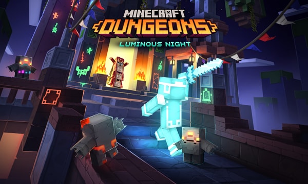 Minecraft Dungeons: Luminous Night에서 미스터리한 탑으로 돌진하고 있는 발광 캐릭터