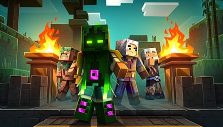 Minecraft Dungeons heroes facing the camera, ready to take on the Treetop Tangle mission