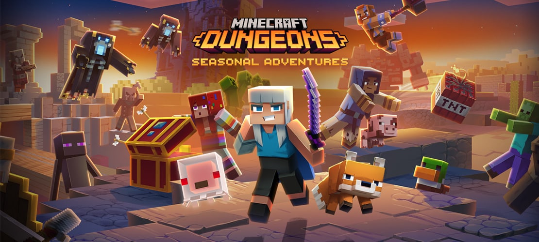 在沙漠生態中參與季節性冒險的 Minecraft Dungeons 角色