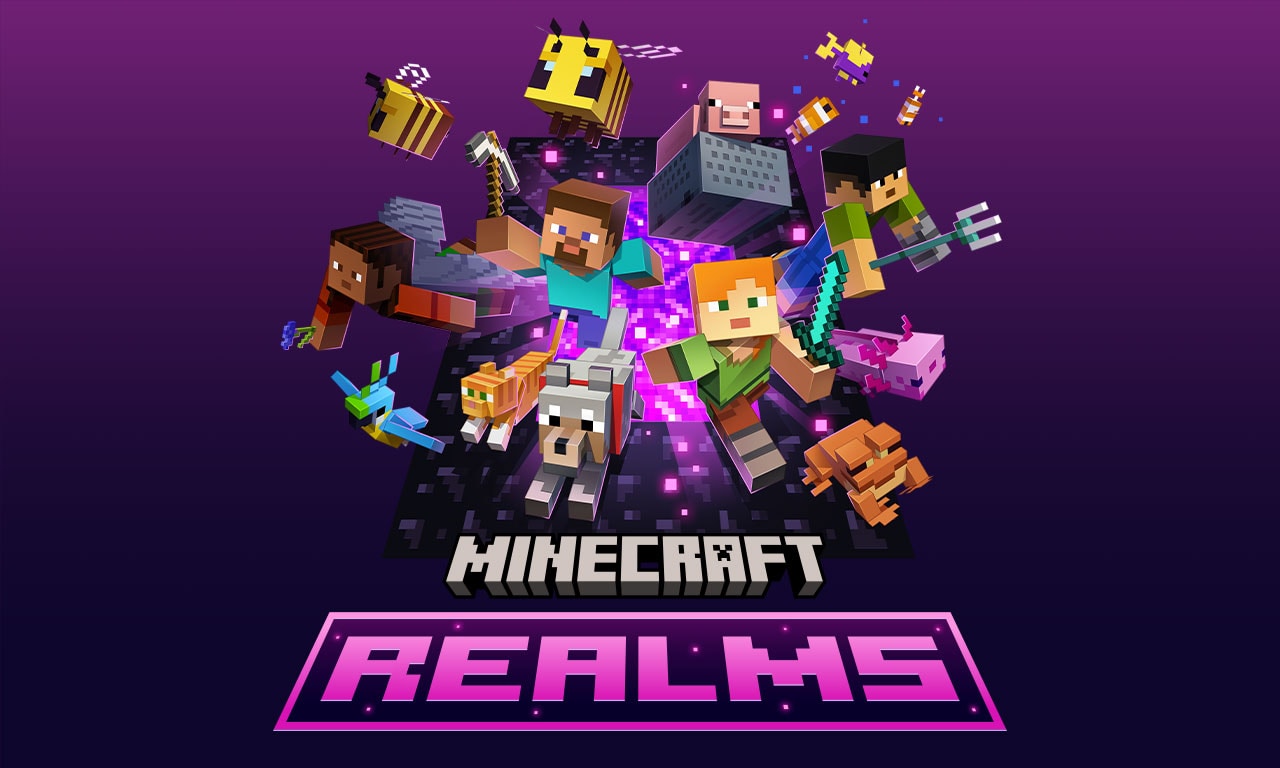 Minecraft Realms 標誌上方顯示多種角色和生物