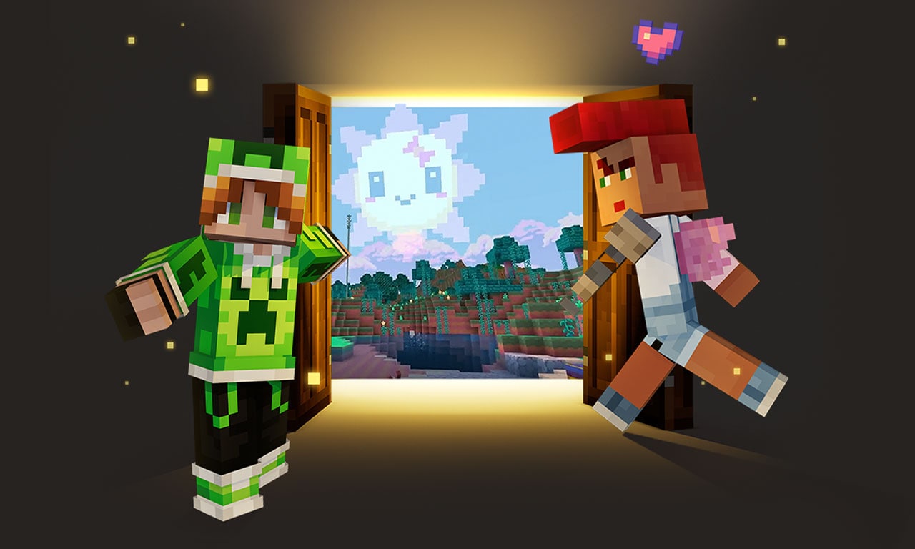 Twee personages met aangepaste skins treden een Minecraft-wereld binnen via een lichtgevende deur