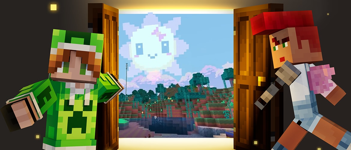 This image shows a character in a creeper hoody opening a door to... the Ultra Cute Texture Pack! What more lies behind the Marketplace button? Find out in this article!