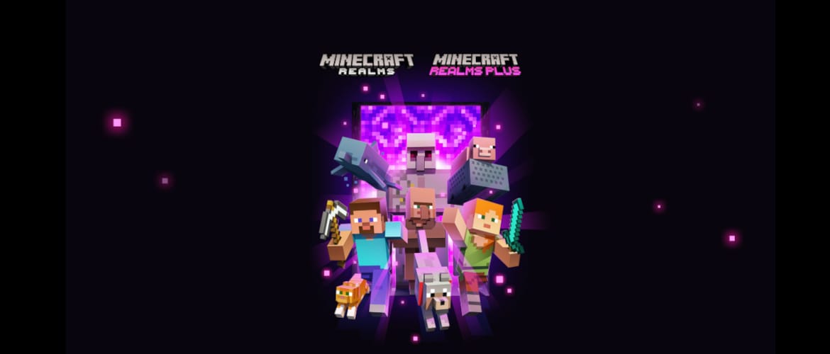 An epic picture showing Steve, Alex, a wolf, a golem, a cat, and even a pig coming out of a portal! Does this portal lead to Minecraft Realms? Find out in this post!