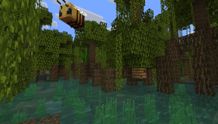 A lush mangrove swamp biome with a bee flying through it.