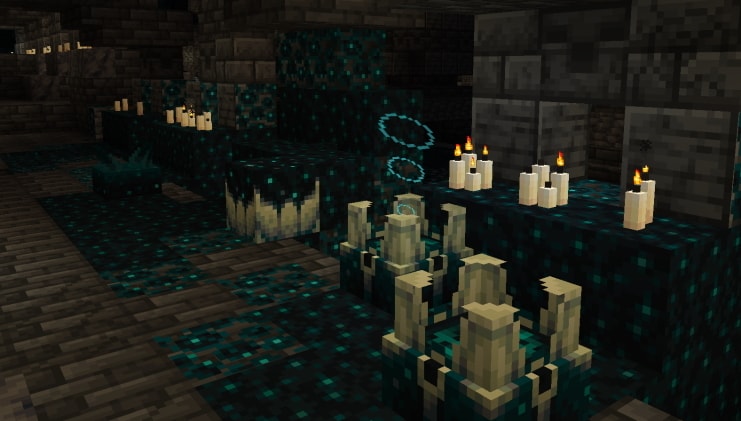 A variety of sculk blocks in the deep dark.