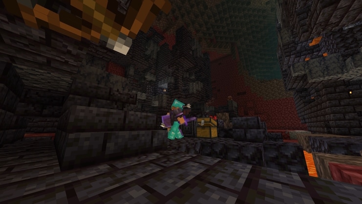 A player wearing a mix of diamond and netherite equipment is opening a treasure chest in a Bastion remnant while being shot at by piglins.