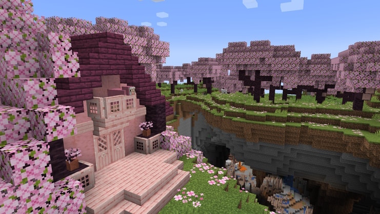 A beautiful house of built out of cherry wood with a pink sheep on the balcony, next to a ravine leading into a cave in the middle of a Cherry Grove on top of a mountain.