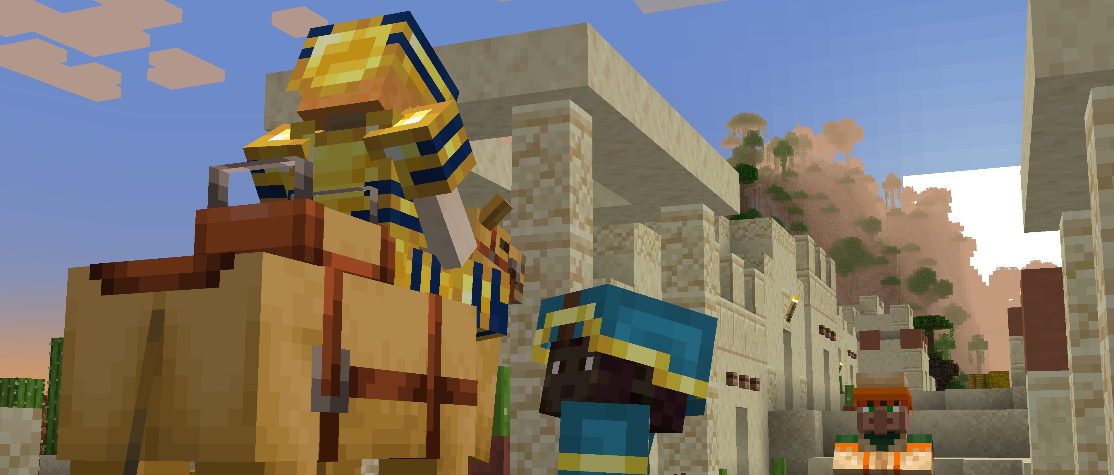 A player in blue leather armor trimmed with gold greets a player in gold armor trimmed with lapis riding a camel. In the background, a villager watches.