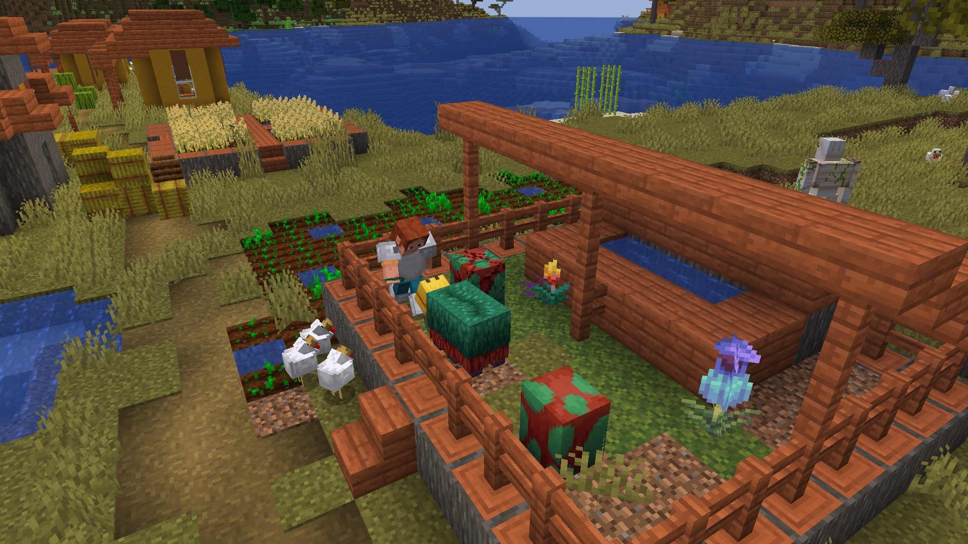 A player is tempting a sniffer in a village pen. Two sniffer eggs are placed in the pen, with one showing signs of hatching. A group of chickens linger outside looking longingly at the torchflower seeds.