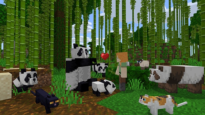 Alex com gatos e pandas num ambiente de selva