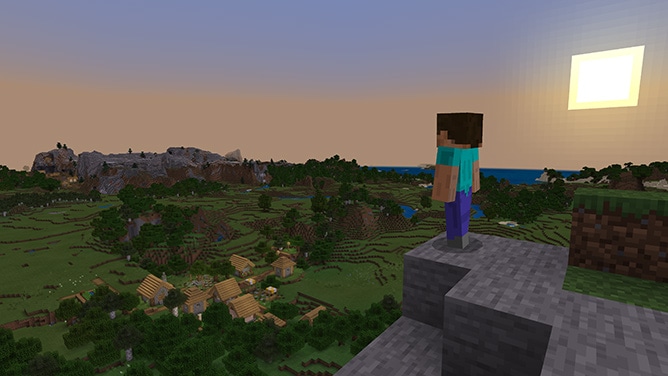 Steve se tenant sur une colline et regardant en direction d’un village