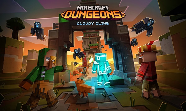 Avonturiers die de mysterieuze toren naderen in Minecraft Dungeons Cloudy Climb