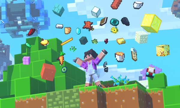 Personnage Minecraft bras écartés, entouré de nombreux objets dans l’air