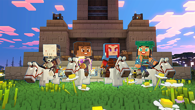 Personajes de Minecraft Legends montando en criaturas de caballos