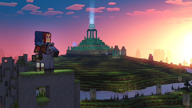 Minecraft Legends-figur som rider en häst på toppen av en struktur